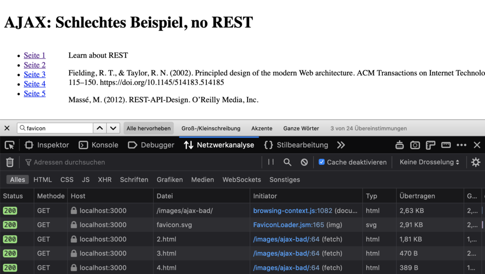 fetch statt normaler Links - in den developer tools
