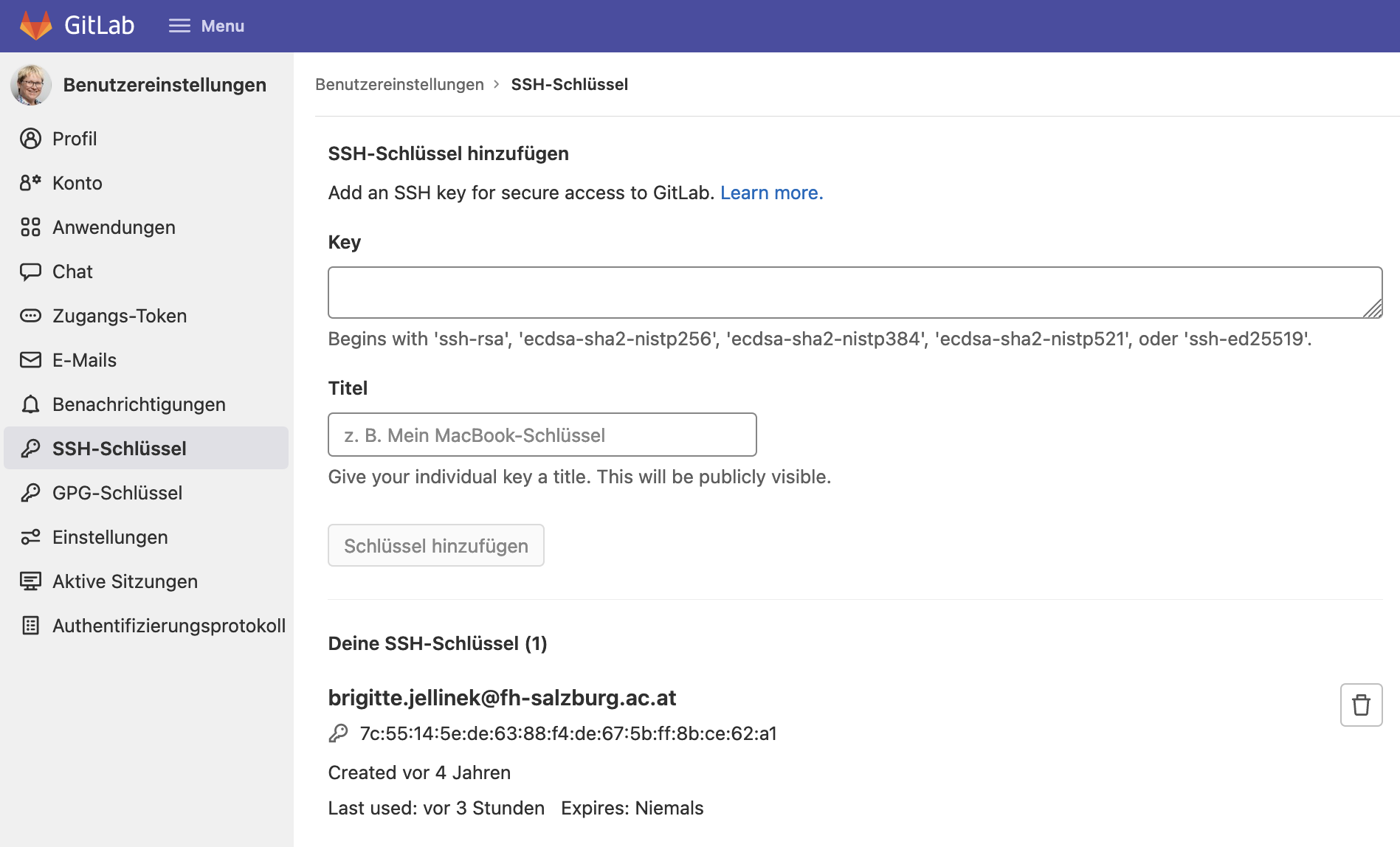 public key hochladen auf gitlab