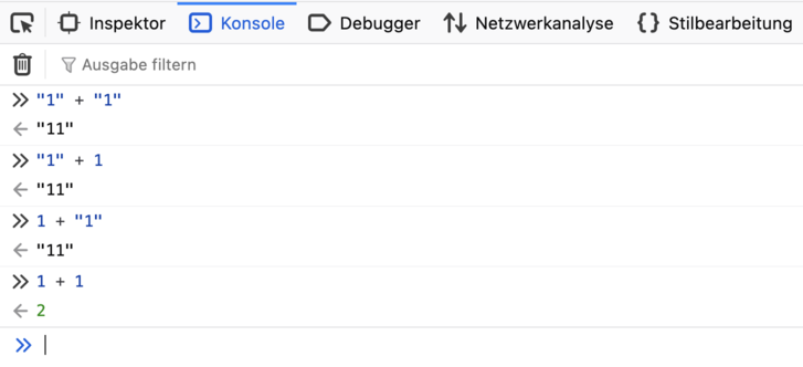 Abbildung: Bespiel für den Operator + in Javascript (Firebug)